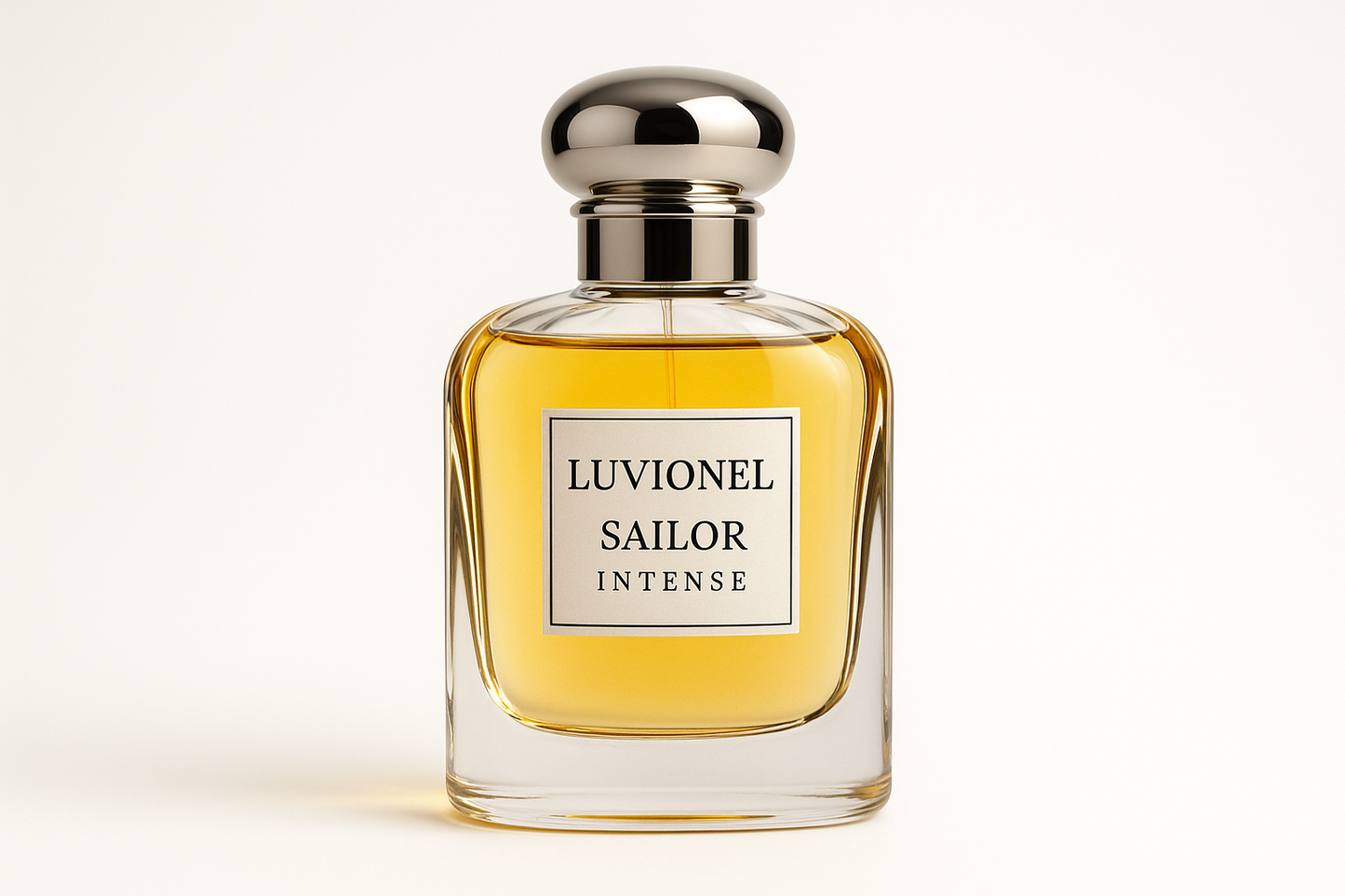 Luvionel Sailor Intense es el nombre en un frasco transparente con esencia amarilla o transparente liquido perfumeria