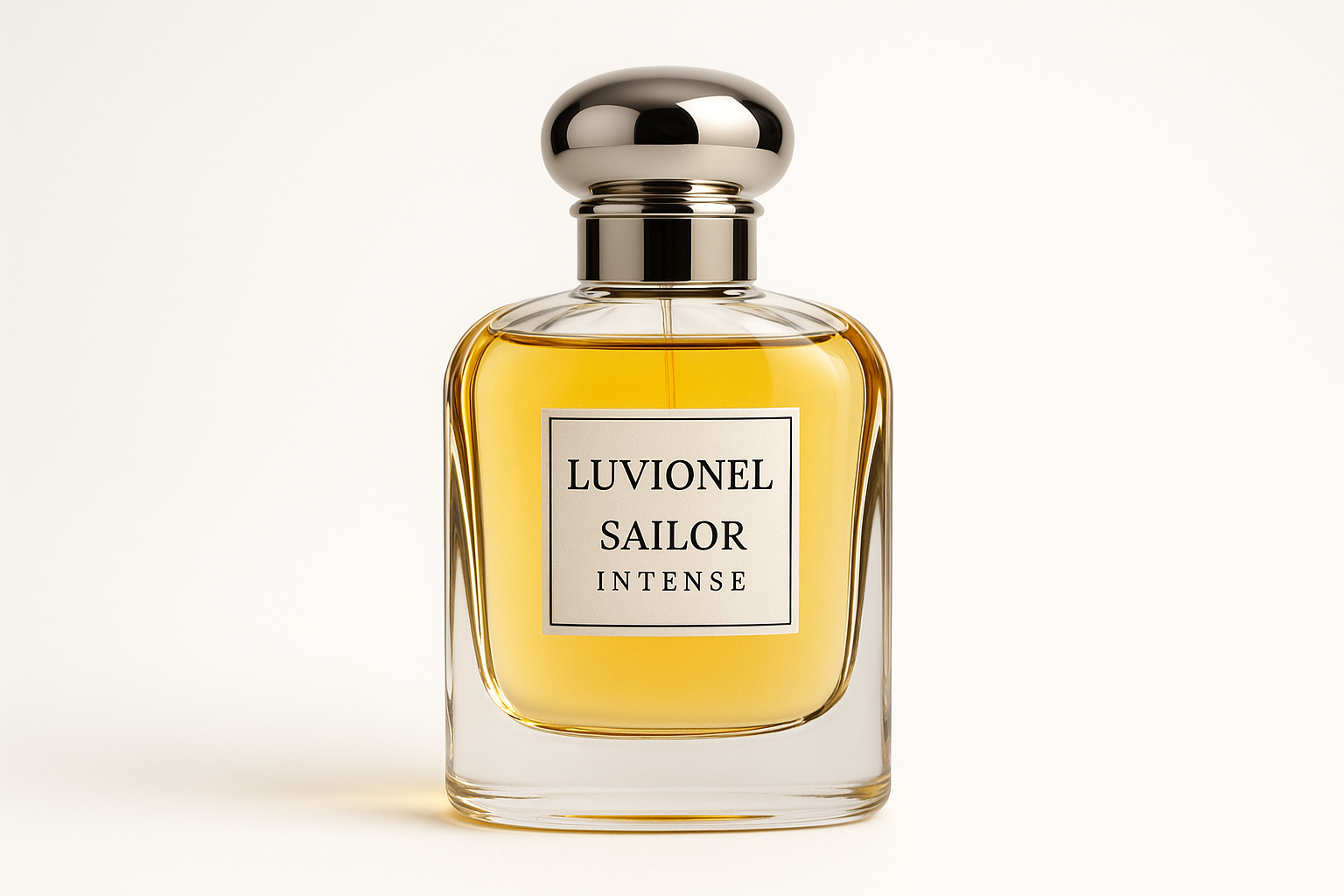 Luvionel Sailor Intense es el nombre en un frasco transparente con esencia amarilla o transparente liquido perfumeria